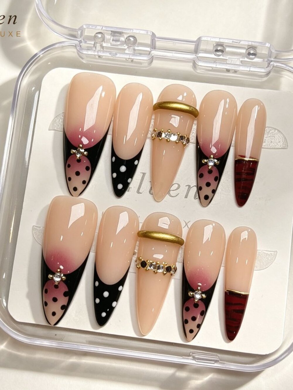 Elegant Nude and Black French Tips Stiletto Press On Nails With Rhinestones